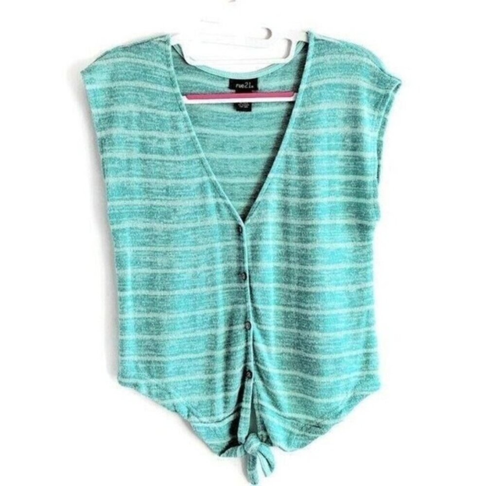 CLEARANCE Aqua Blue Marled Striped Knit Top M Sleeveless Tie Front Lightweight